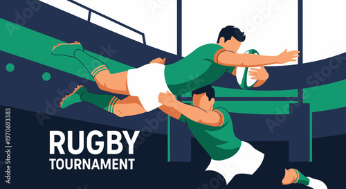 Rugby Players Diving Towards Goal During Tournament Game, Illustrated Vector Art