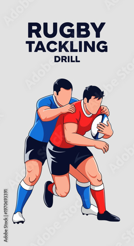 Rugby Players Demonstrating Tackling Drill for Training Purposes on a Neutral Background