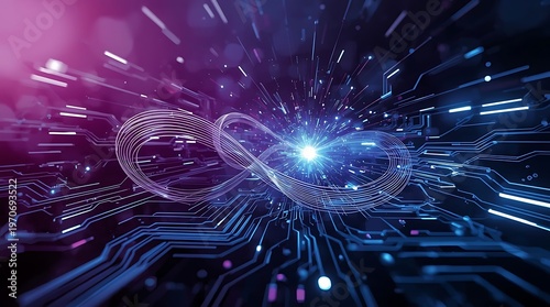 Abstract Digital Infinity Symbol with Glowing Light Effects.