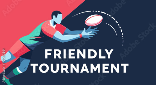 Rugby Player Reaching For The Ball During A Friendly Tournament, Graphic Vector Illustration