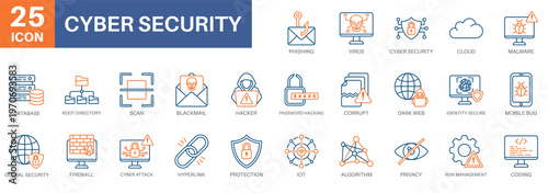 cyber security icon set, phishing, scam, cyber attack, blackmail, and hacker. Simple vector symbols collection suitable for symbols and more