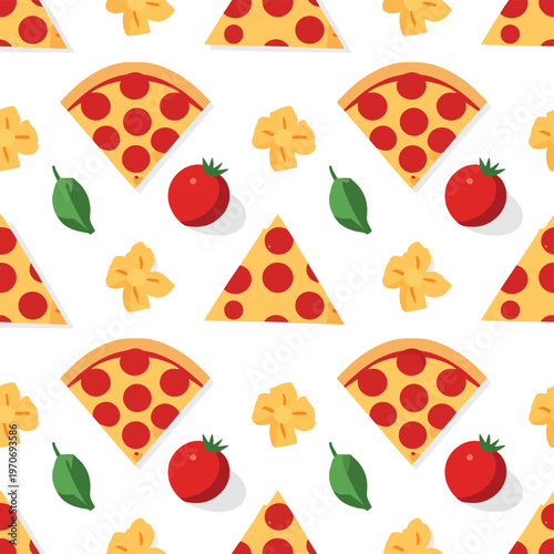 Seamless pattern of pizza ingredients suitable for food packaging design, restaurant menus, kitchen decor, and culinary backgrounds.