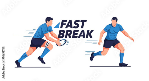 Rugby Players Sprinting With The Ball Demonstrating The Meaning Of Fast Break Illustration