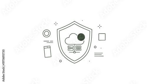 Digital Cloud Security Shield Icon Representing Data Protection and Privacy.