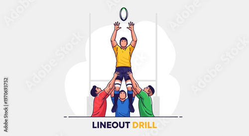 Rugby Team Performing Lineout Drill with Four Players and the Rugby Ball in the Air