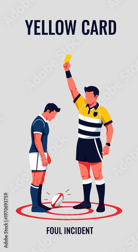 Rugby Referee Issuing a Yellow Card to a Player During a Foul Incident Illustration