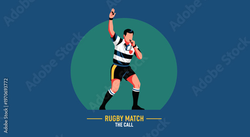 Rugby Referee Signaling A Decision With Hand Raised And Whistle In Hand On Blue Background