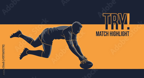 Rugby Player Scoring a Try in Action Illustrated Against an Orange and Dark Backdrop