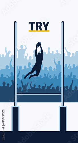 Rugby Player's Athletic Leap, Aiming For a Try Amidst Enthusiastic Spectators Cheers