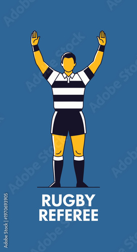 Rugby Referee Signaling A Successful Play With Upraised Arms Over Blue Background