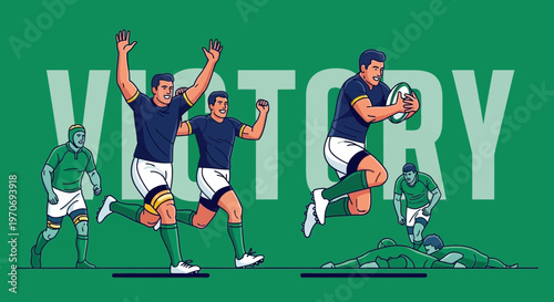 Rugby Players Celebrating a Successful Play or Victory on a Green Background