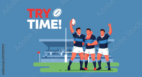Rugby Players Celebrating a Try After Scoring, Illustrated on a Blue Background
