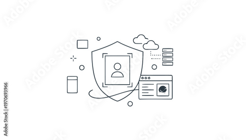 Digital security concept with shield, person, and cloud computing elements.