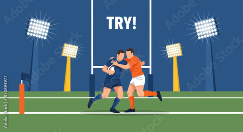 Rugby Players Celebrating A Successful Try Under The Floodlights With Cheers and Excitement