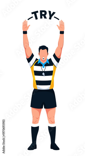 Rugby Referee Signaling A Try Gesture With Arms Raised Upwards Against A White Background