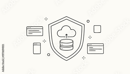 Digital Cloud Data Protection Shield with Database and Security Elements.