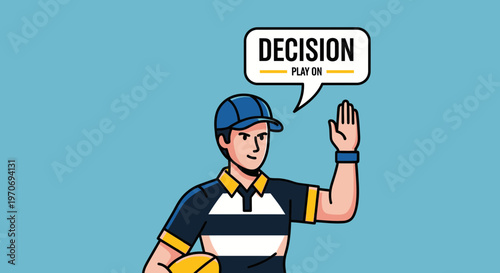 Rugby Referee Signaling Play On Decision with Graphic Illustration and Blue Background