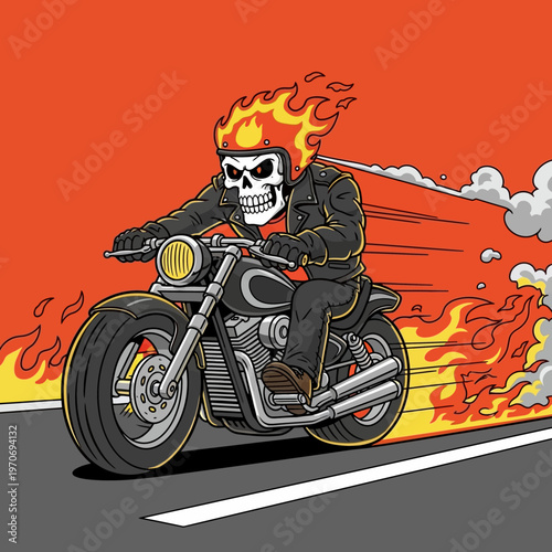 A cartoon skeleton riding a motorcycle on fire.