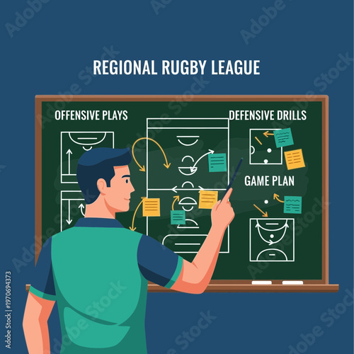 Rugby Strategist Explaining Plays and Drills on Chalkboard, Tactical Game Plan Illustrated