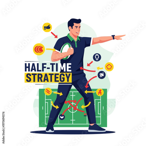 Rugby Strategist Explaining Game Plan During Half-Time, Tactical Illustration, Sports Concept