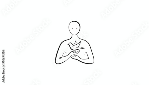 Person holding a dove, symbol of peace, hope, and freedom, minimalist line art