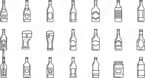 Beverage bottle icons silhouette vector illustration featuring wine, beer, liquor, soda, jars, glasses, and decorative drink motifs