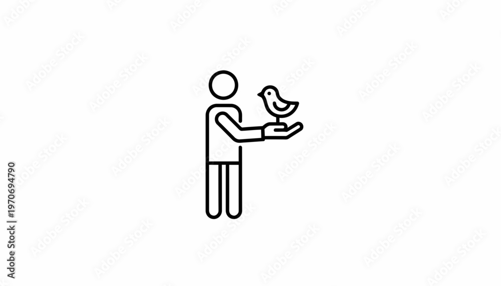 Fototapeta premium Person holding a small bird on hand, iconographic representation of care and nature connection