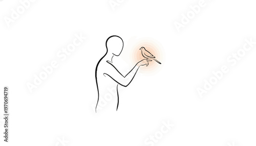 Person holding a small bird on finger, glowing aura, connection, nature, hope, gentle touch