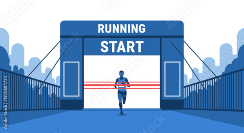 Runner Crossing Finish Line Under Archway At Start Of Marathon Competition
