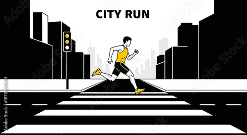 Runner Crossing Road In Urban Area Depicted In Minimalistic Black And White