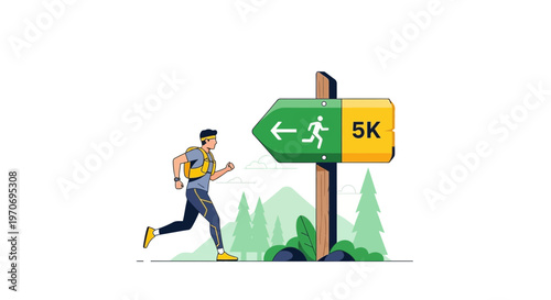 Runner Following Sign Toward a 5K Race, Illustrating Endurance and Fitness Journey