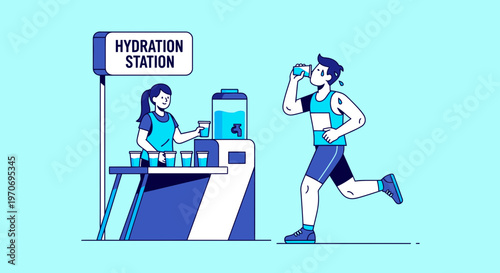 Runner Hydrating At Station While Woman Offers Refreshments, Healthy Lifestyle Theme