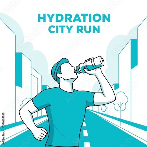 Runner Hydrating During City Run Amidst Tall Buildings in Urban Landscape Illustration