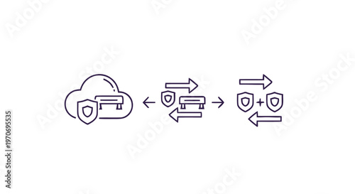 Data Transfer Security Illustration with Cloud and Shield Icons.