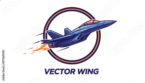 Modern Fighter Jet Soaring Through Ring with Exhaust Flames, Vector Art