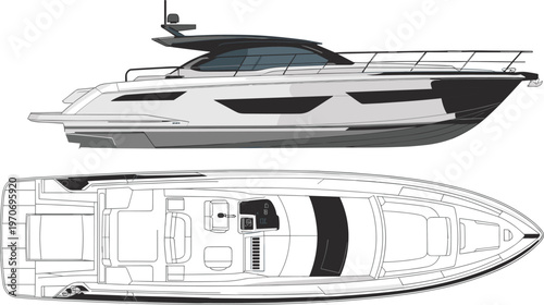 Luxury yacht blueprint illustration, modern motor boat top and side view, detailed marine vessel design, vector nautical plan for transportation, travel, engineering projects