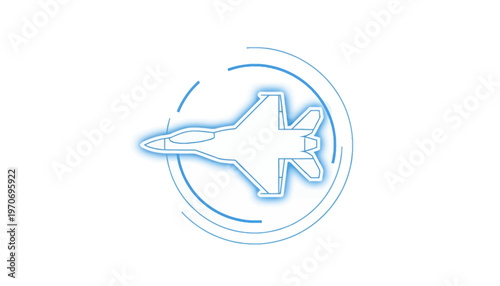 Modern Fighter Jet Silhouette with Circular Neon Outline on White Background