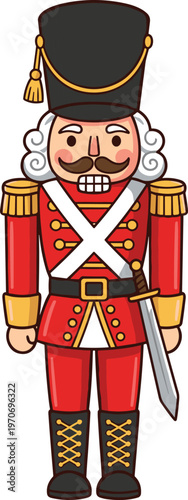 Classic nutcracker soldier illustration, festive Christmas decoration character, red uniform toy guard, vintage holiday design, cartoon wooden figurine isolated