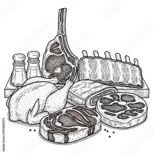 Variety of Raw Meat and Poultry Cuts Artistically Rendered in a Detailed Black and White Illustration