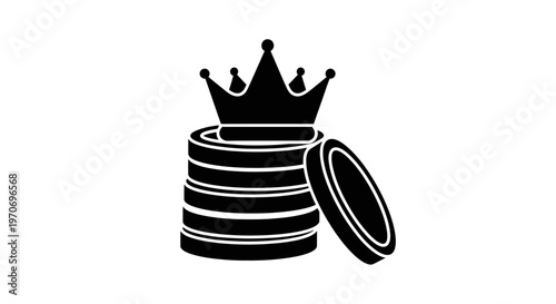 Black silhouette icon of a stack of coins with a royal crown on top, symbolizing wealth, royalty, and financial success.