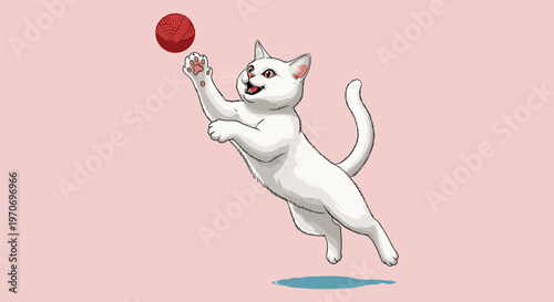 A playful white cat is joyfully reaching upwards with its paw attempting to catch a vibrant red ball in mid air high quality