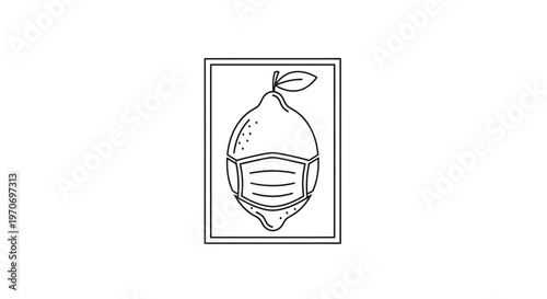 Lemon Wearing Medical Mask, Line Art Illustration, Covid-19 Protection Concept