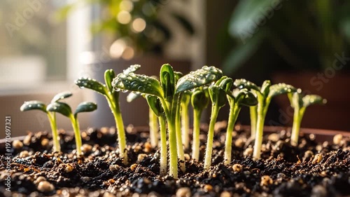 Tiny green seedlings with water droplets emerge from dark soil in a pot, bathed in soft morning light