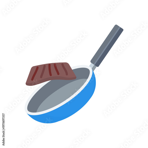 Steak Cooking in Frying Pan Kitchen Scene Illustration