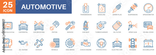 automotive icon set, spare part, car detailing, car service, workshop, and check engine. Simple vector symbols collection suitable for symbols and more