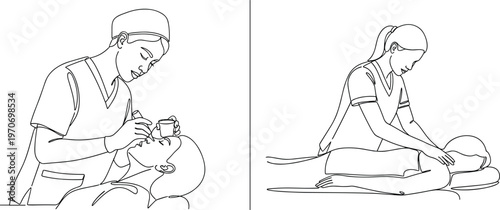Line Art Illustration of Professional Health and Wellness Treatments: Eyelash Extension and Therapeutic Massage