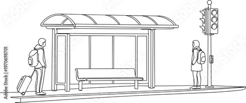 Line Art Illustration of Bus Stop and Pedestrians Waiting at Traffic Light for Public Transport