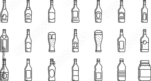 Bottle icons outline vector illustration set, black designs showing beverage containers including beer, soda, juice, and jar shapes