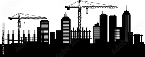 City construction skyline, black building silhouette, tower crane on site, urban development, architectural engineering, downtown skyscraper under construction, industrial landscape vector