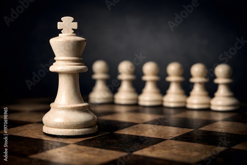 White chess king stands prominently in the foreground on a vintage chessboard, asserting leadership over an array of pawns.